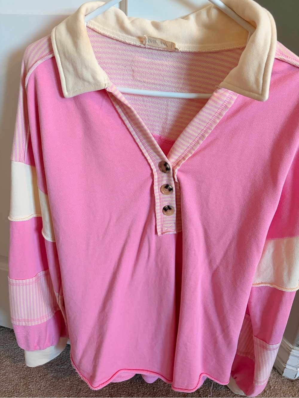Womens Pink Striped Collar Pullover Sweater